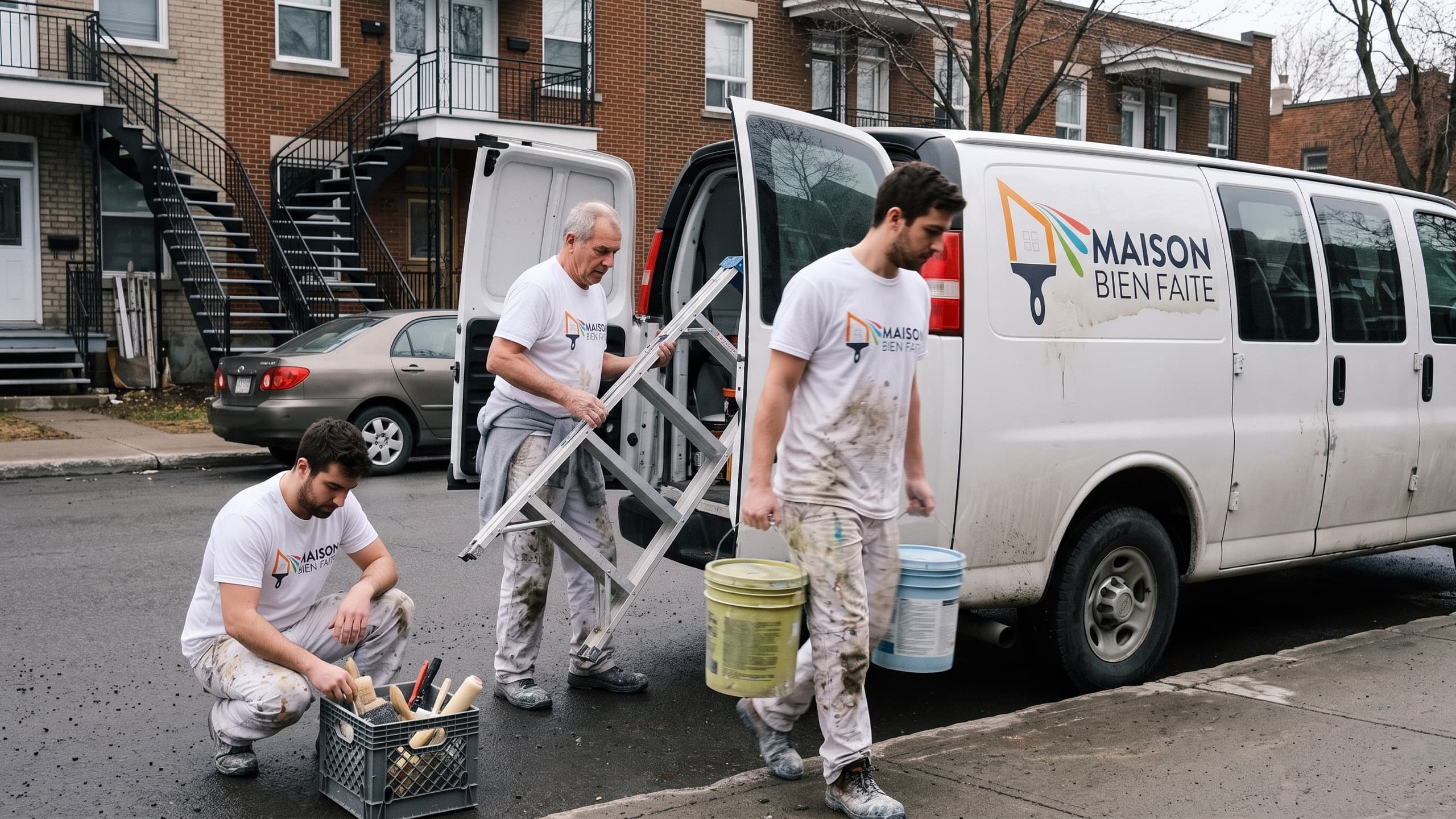 L'équipe Maison Bien Faite décharge le camion au début d'une journée de chantier à Montréal